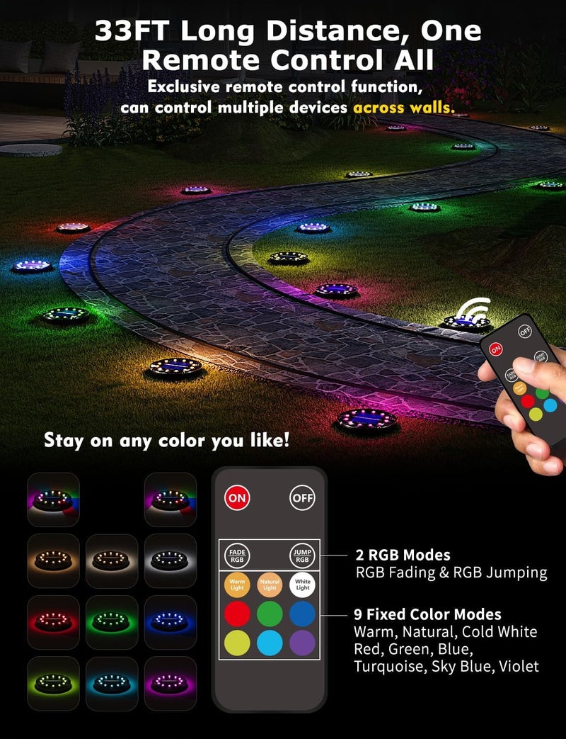 VIODAIM Color Changing Solar Ground Lights with 33ft Long Distance Remote Control - Flat Solar Light Outdoor Waterproof - Pathway Lights Solar Powered for Yard Decorative Outside Lawn Walkway [16 Pack] - Image 2